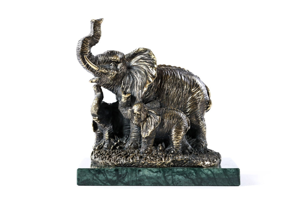 Bronze elephant family sculpture with Indian marble — detail