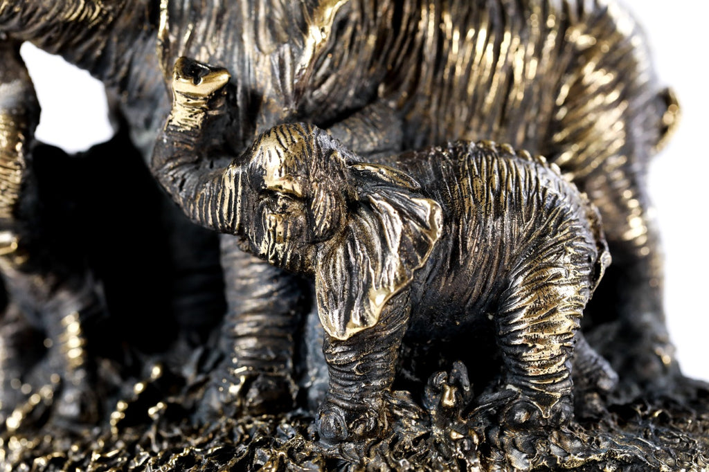 Handmade bronze elephant with calves sculpture, 6.3" / 16 cm — full view