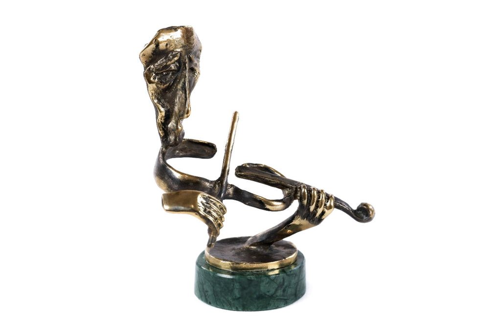Bronze violinist sculpture — detail view
