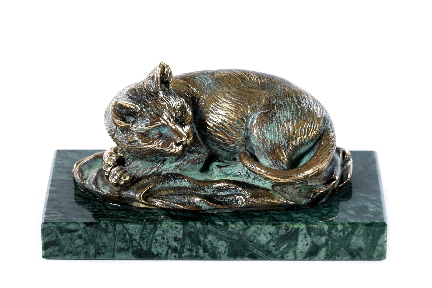 Handmade bronze cat sculpture with Indian marble, 5.1" / 13 cm, by Hrachya Ohanyan