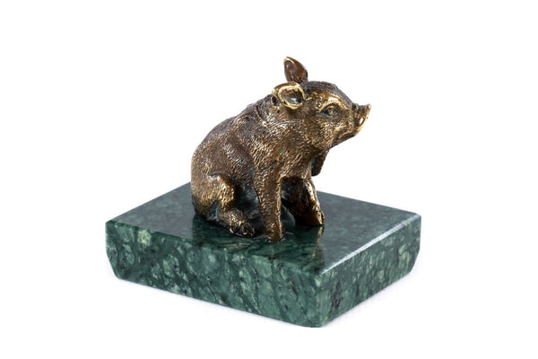 Handmade bronze piglet sculpture with Indian marble, 3.1" / 8 cm, by Hrachya Ohanyan