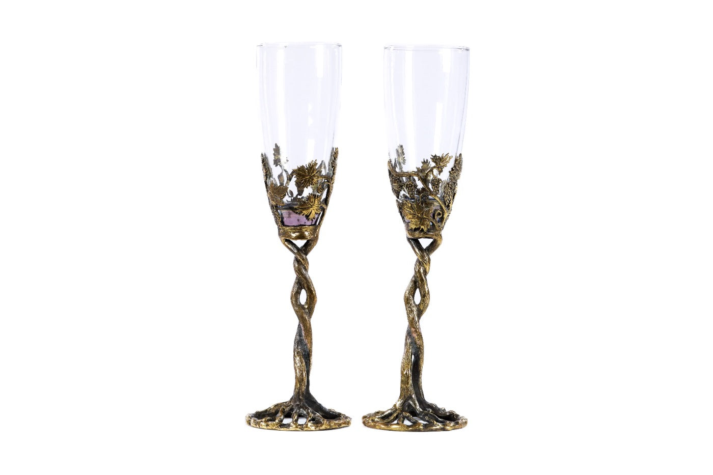Handmade bronze and glass cups set with grape-vine stems, 9.8" / 25 cm, by Hrachya Ohanyan
