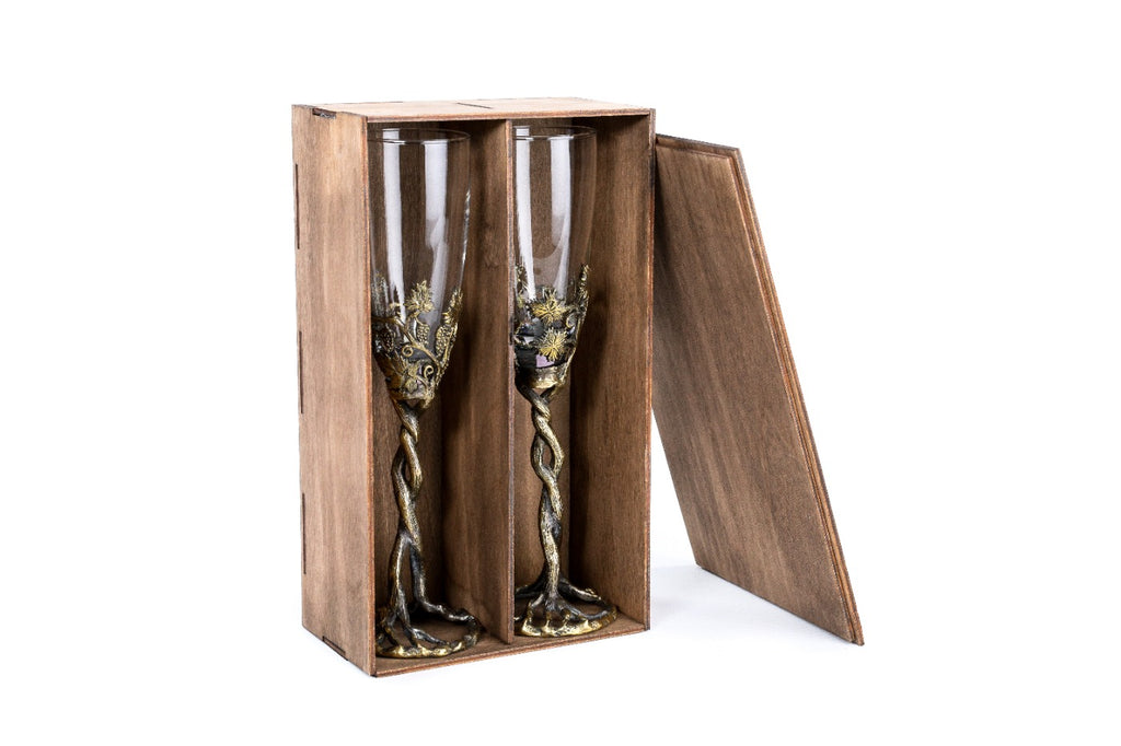 Handmade bronze and glass cups set, 9.8" / 25 cm — full view
