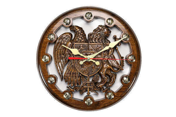 Hand-carved Armenian wall clock with Coat of Arms of Armenia, 11.8 inch / 30 cm, by Hrachya Ohanyan