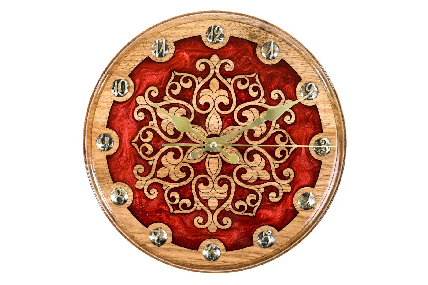 Hand-carved walnut wall clock with ornaments, 11.8 inch / 30 cm, by Hrachya Ohanyan