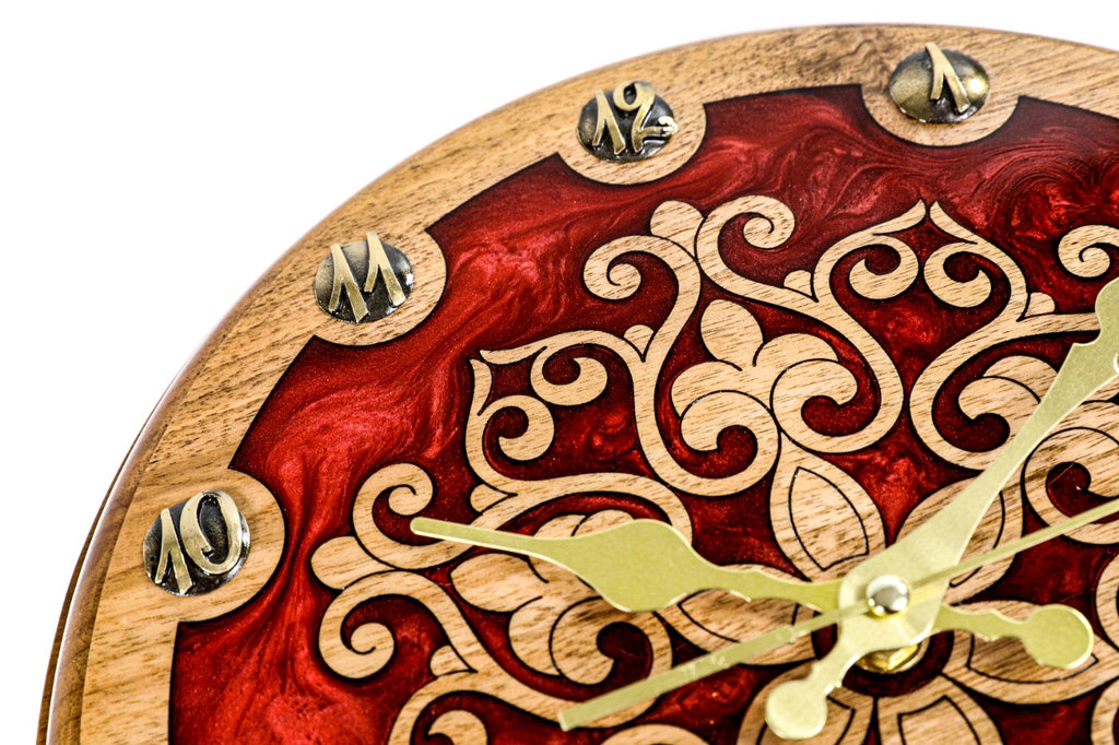 Walnut wall clock with carved ornaments, view 7, by Hrachya Ohanyan
