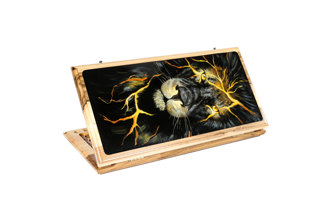 Lion epoxy wooden backgammon board two sided handcrafted design
