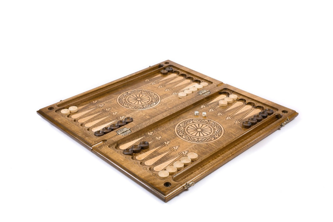 A close-up of the central shield carving, showcasing the precision and depth of the four dynastic kingdom symbols in solid wood.