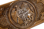 The interior view of the open Hrachya Ohanyan Armenian emblem board highlighting the smooth wood finish and professional pips.