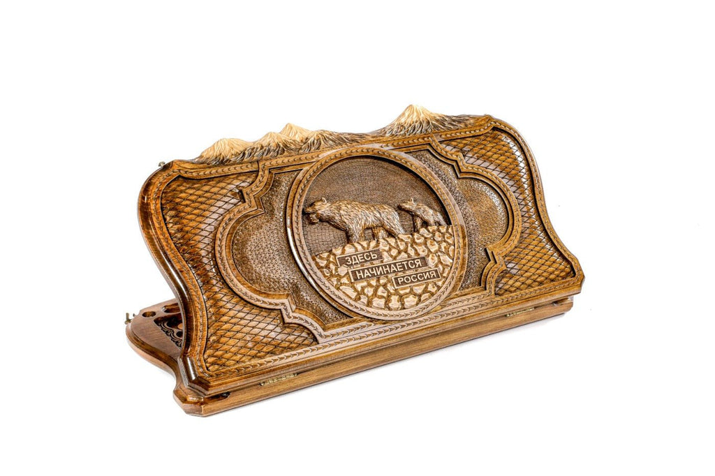 Mother bear wooden backgammon board with Mount Ararat outline design