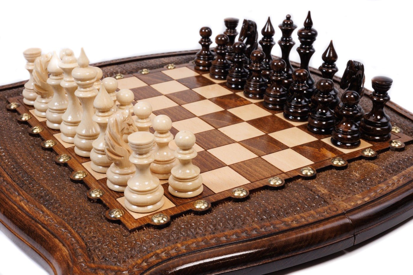 Handcrafted wooden chess board with sculpted curved edges, brass studs and textured border — 2-in-1 set