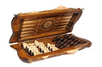 Handmade chess and backgammon set - close-up of hand-carved chess pieces