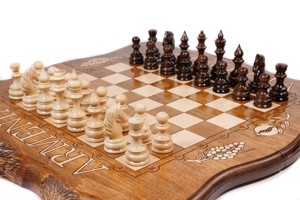 Handcrafted wooden chess set and wooden backgammon Armenian themed design