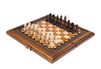 Travel wooden chess and backgammon set with hand-carved frame and bronze studs, pieces set for play