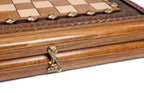 Cast-bronze clasp on the edge of the small wooden chess and backgammon set