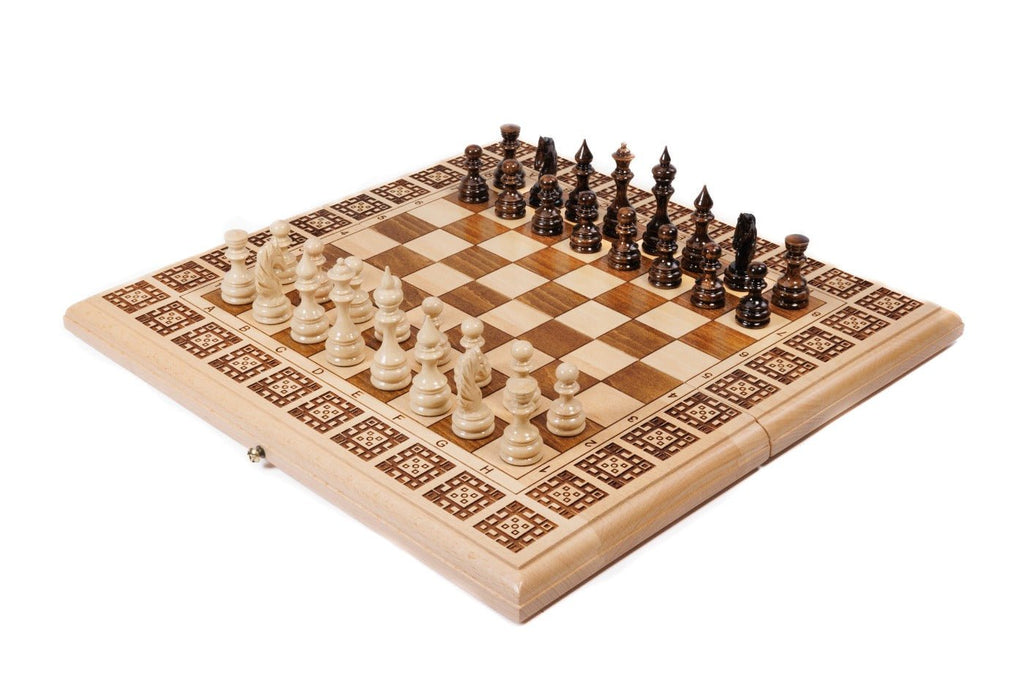 Wooden chess set with geometric tile pattern border in natural beech wood — by Hrachya Ohanyan