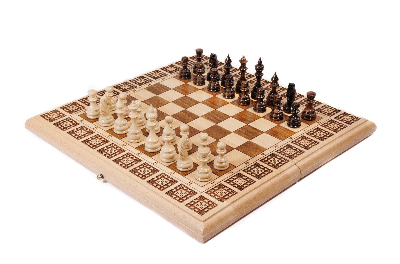 Wooden chess set with geometric tile pattern border in natural beech wood — by Hrachya Ohanyan