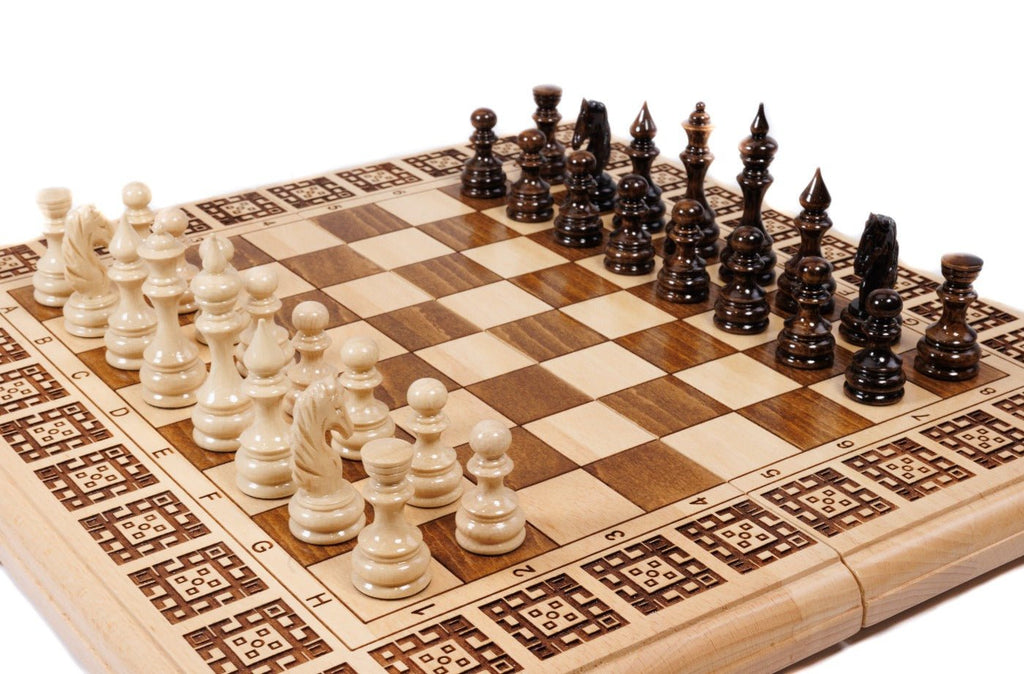 Handcrafted chess board and backgammon set with engraved geometric ornamental border