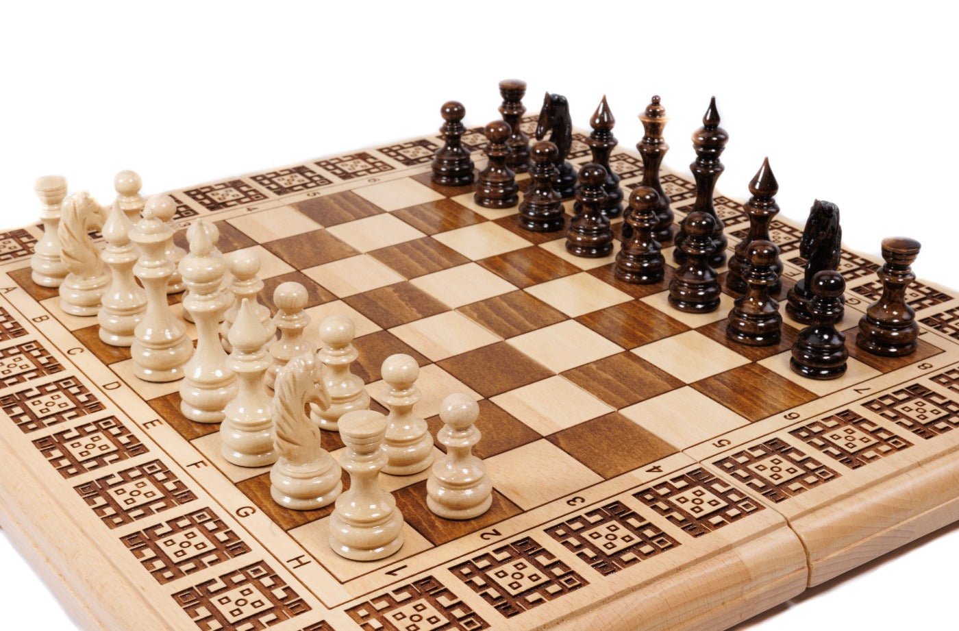 Handcrafted chess board and backgammon set with engraved geometric ornamental border