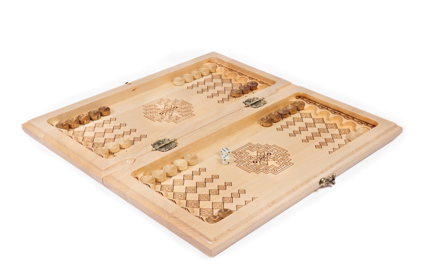 Natural beech wood chess and backgammon set with full-border geometric tile engraving