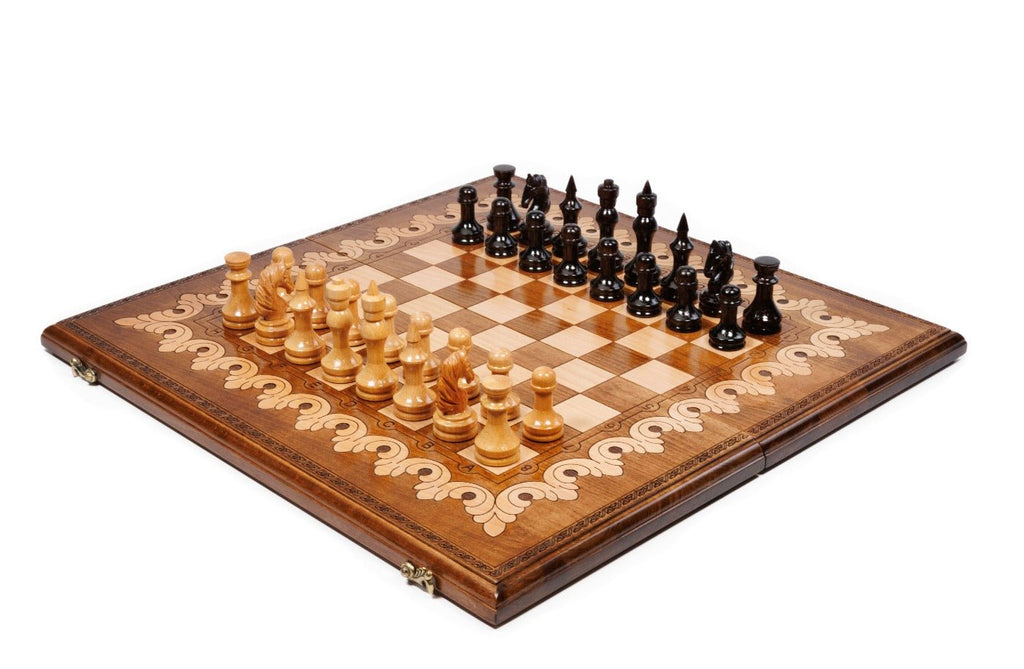 Large handmade chess and backgammon set with ornamental pattern design 23.6 inch