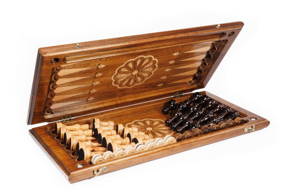 Premium handcrafted chess set with ornamental artwork and integrated backgammon board