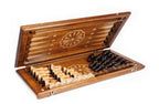 Premium handcrafted chess set with ornamental artwork and integrated backgammon board