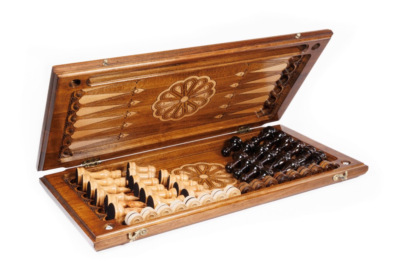 Premium handcrafted chess set with ornamental artwork and integrated backgammon board