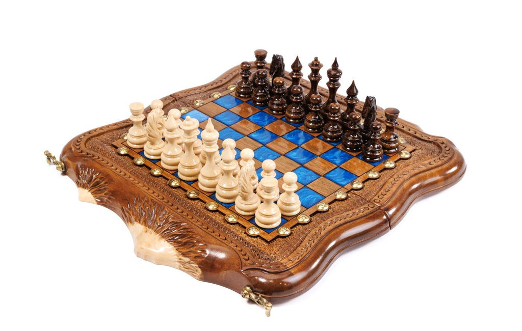 Luxury Armenian wooden chess set with Mount Ararat outline and blue epoxy