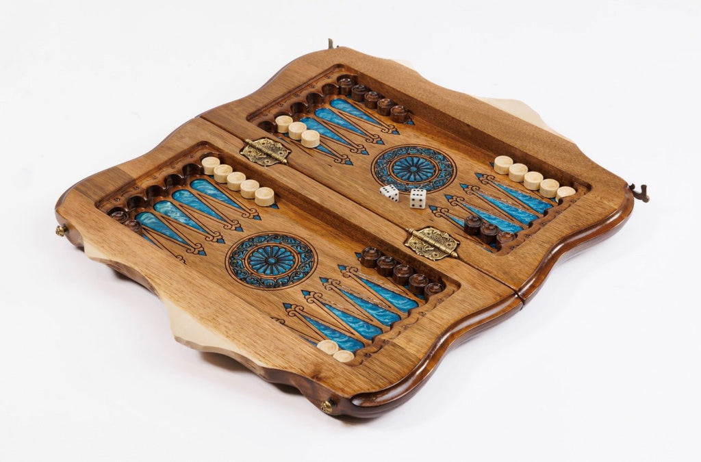 Premium luxury wooden chess board with blue epoxy and Armenian artwork