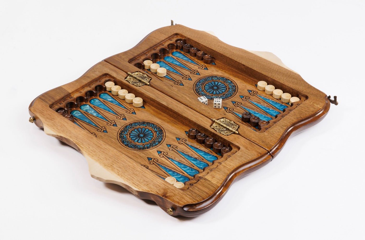 Premium luxury wooden chess board with blue epoxy and Armenian artwork