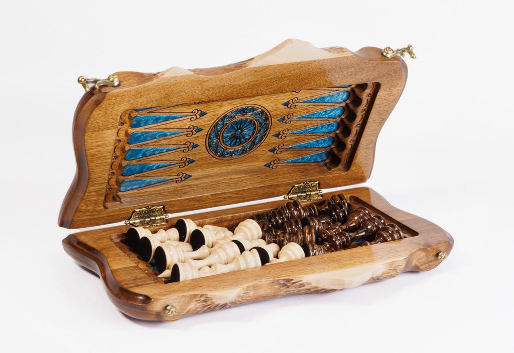 Classic Wooden Chess Board & Backgammon with Blue Epoxy 30 cm | 11.8" - Unumperfectus