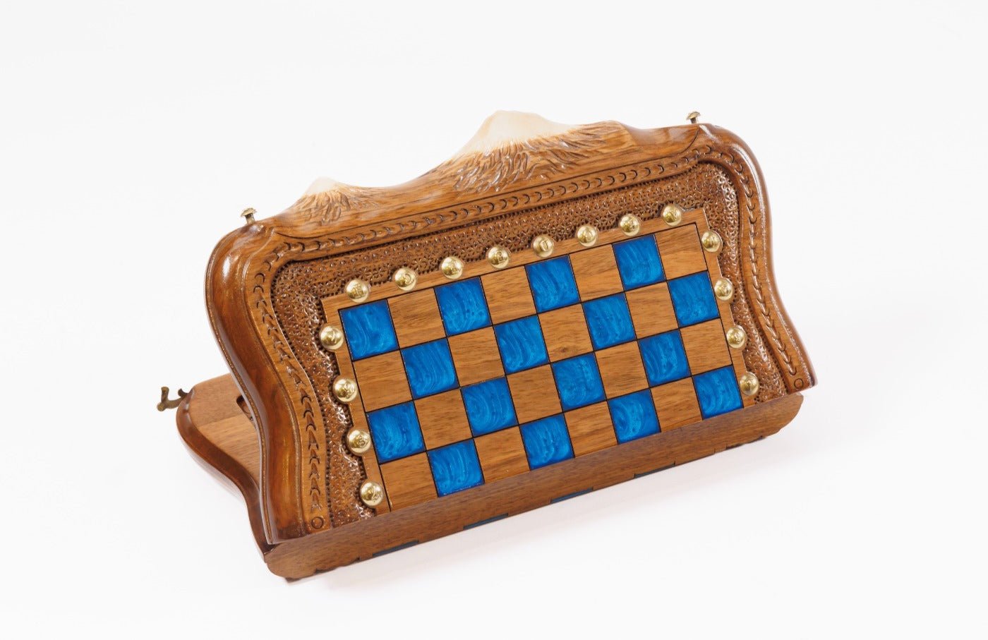 Classic Wooden Chess Board & Backgammon with Blue Epoxy 30 cm | 11.8" - Unumperfectus