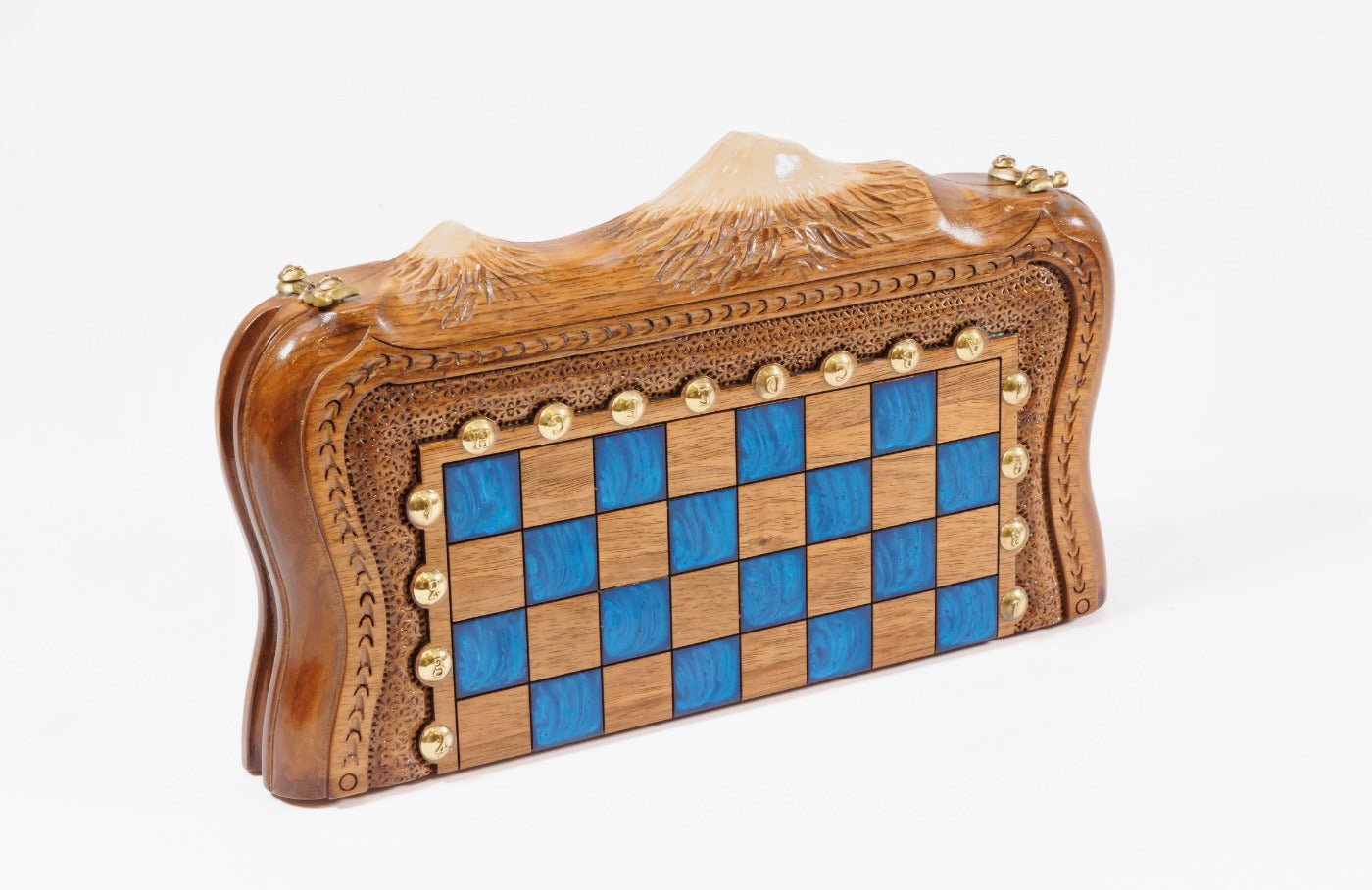 Classic Wooden Chess Board & Backgammon with Blue Epoxy 30 cm | 11.8" - Unumperfectus