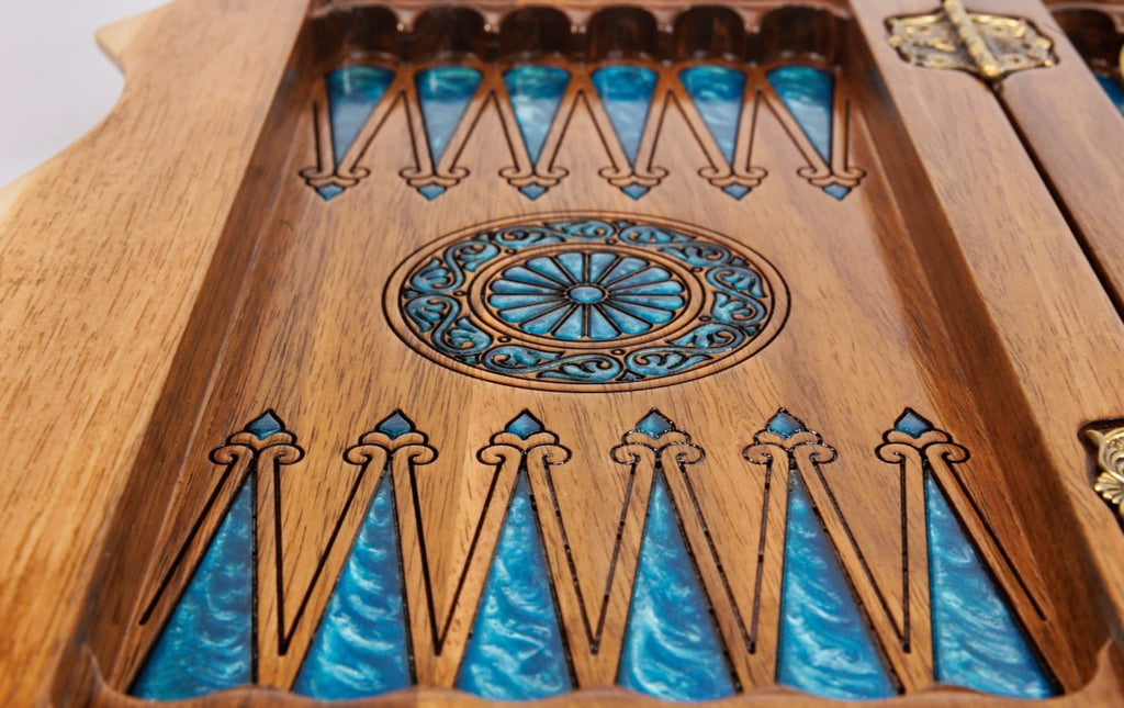 Classic Wooden Chess Board & Backgammon with Blue Epoxy 30 cm | 11.8" - Unumperfectus