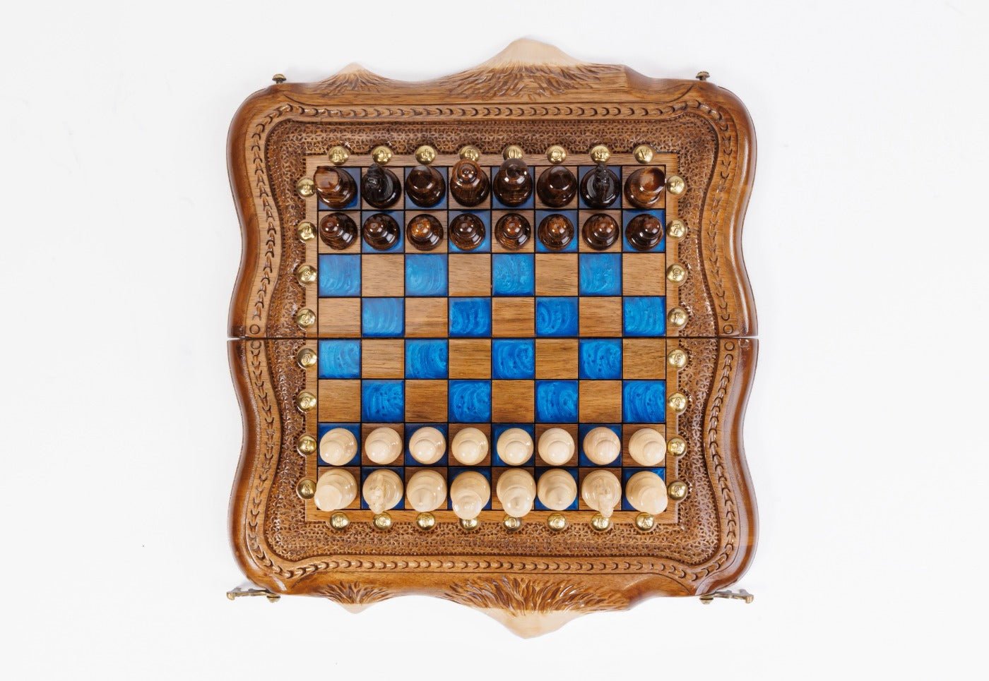 Classic Wooden Chess Board & Backgammon with Blue Epoxy 30 cm | 11.8" - Unumperfectus