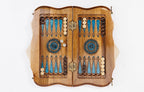 Classic Blue Epoxy chess and backgammon set - angled view showing the craftsmanship