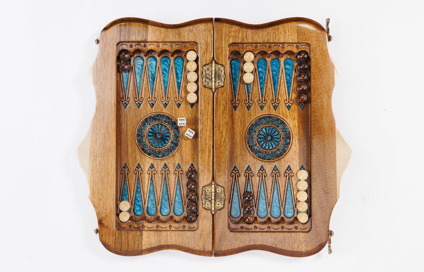 Classic Wooden Chess Board & Backgammon with Blue Epoxy 30 cm | 11.8" - Unumperfectus