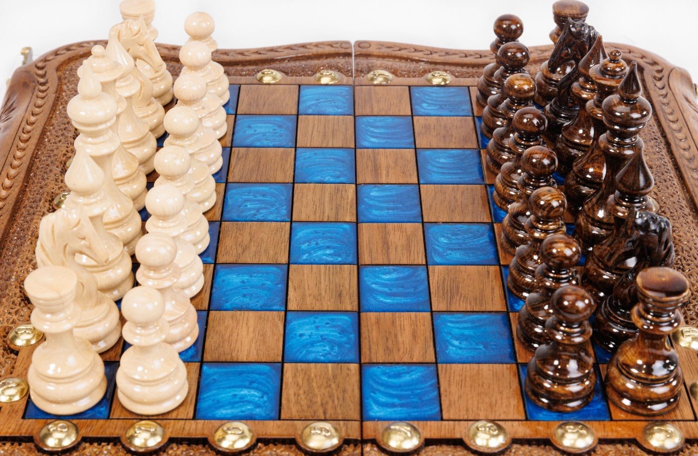 Classic Wooden Chess Board & Backgammon with Blue Epoxy 30 cm | 11.8" - Unumperfectus