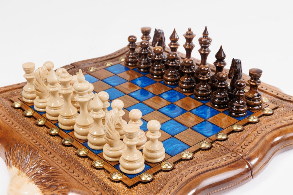 Handcrafted wooden chess set and wooden backgammon Armenian themed design