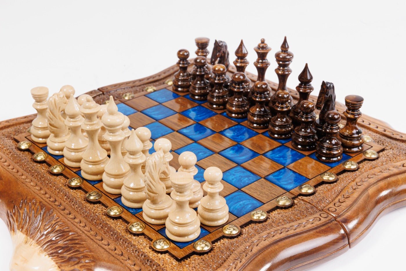 Handcrafted wooden chess set and wooden backgammon Armenian themed design