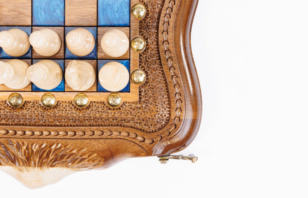 Classic Wooden Chess Board & Backgammon with Blue Epoxy 30 cm | 11.8" - Unumperfectus