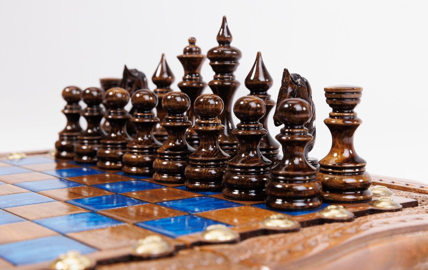 Classic Wooden Chess Board & Backgammon with Blue Epoxy 30 cm | 11.8" - Unumperfectus