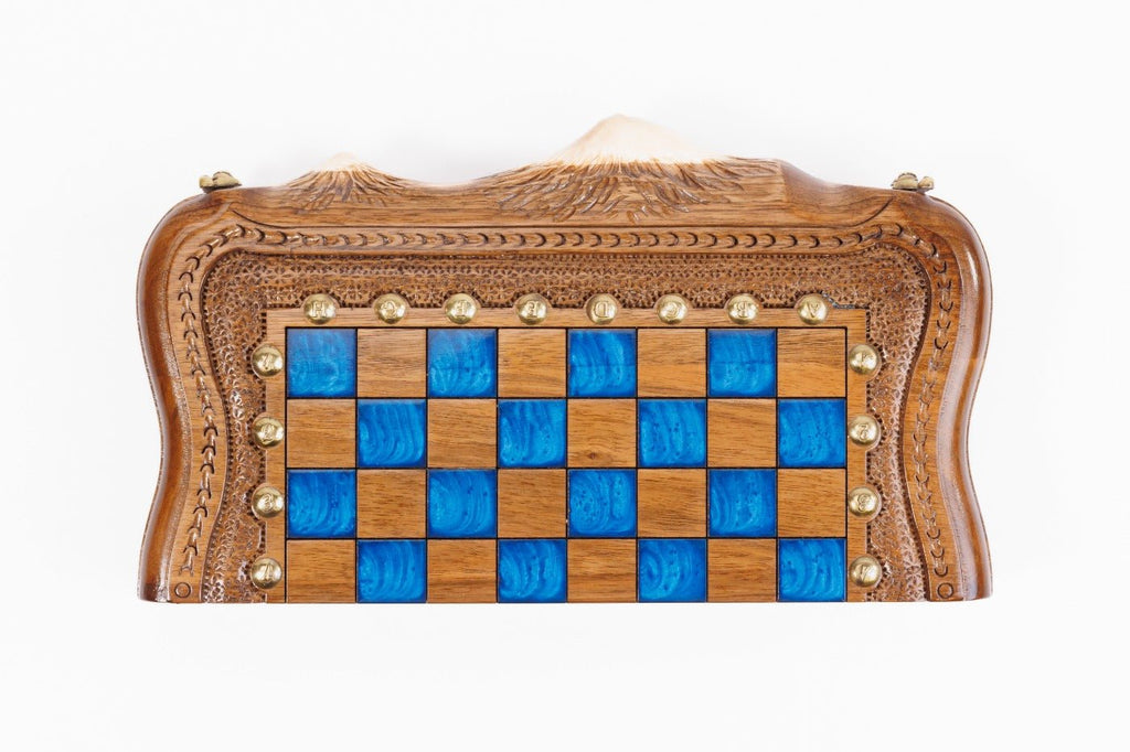 Classic Wooden Chess Board & Backgammon with Blue Epoxy 30 cm | 11.8" - Unumperfectus