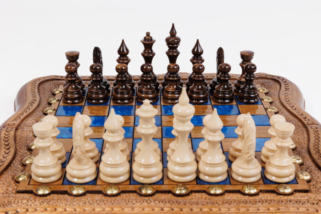 Classic Wooden Chess Board & Backgammon with Blue Epoxy 30 cm | 11.8" - Unumperfectus