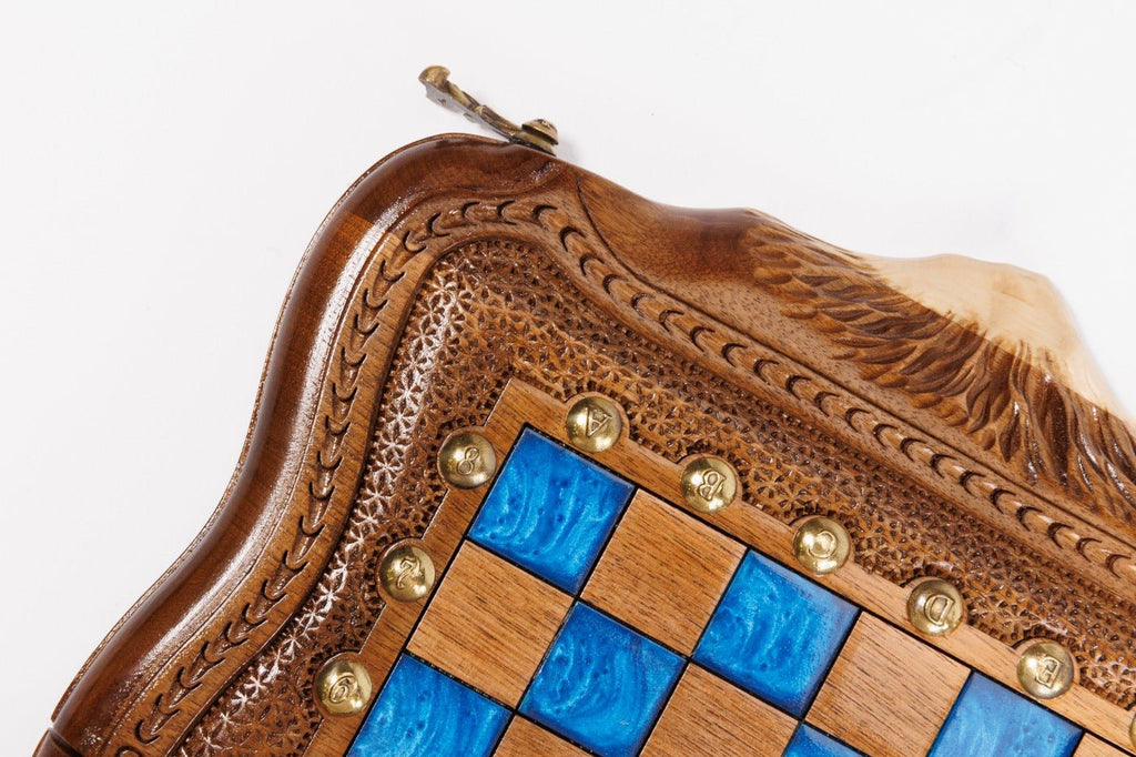 Classic Wooden Chess Board & Backgammon with Blue Epoxy 30 cm | 11.8" - Unumperfectus