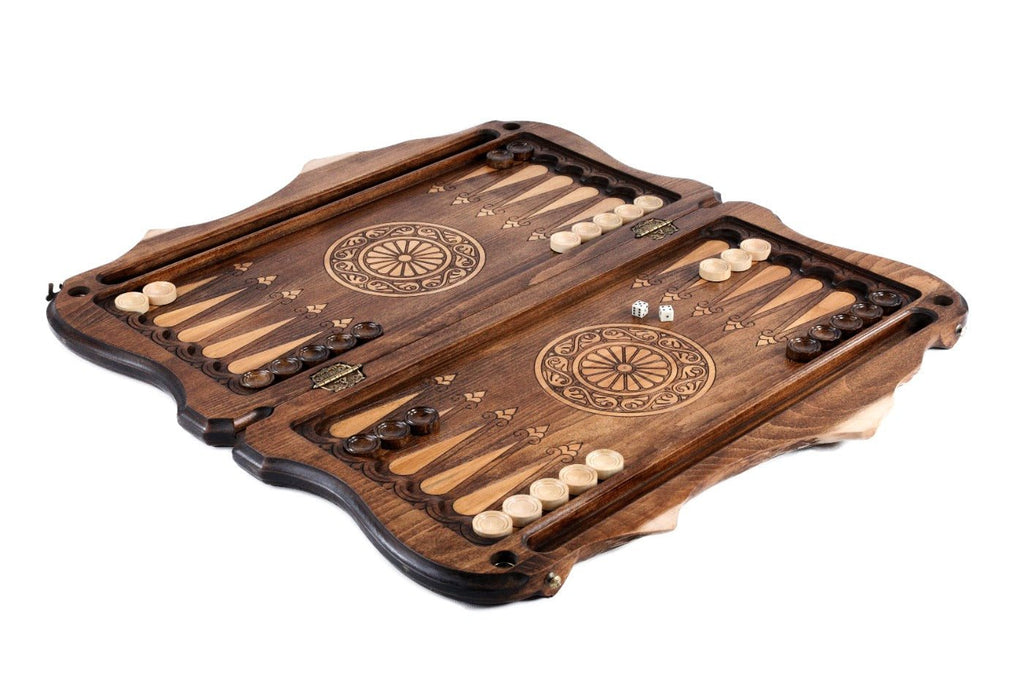 Premium handcrafted wooden backgammon board symbolic eternity artwork