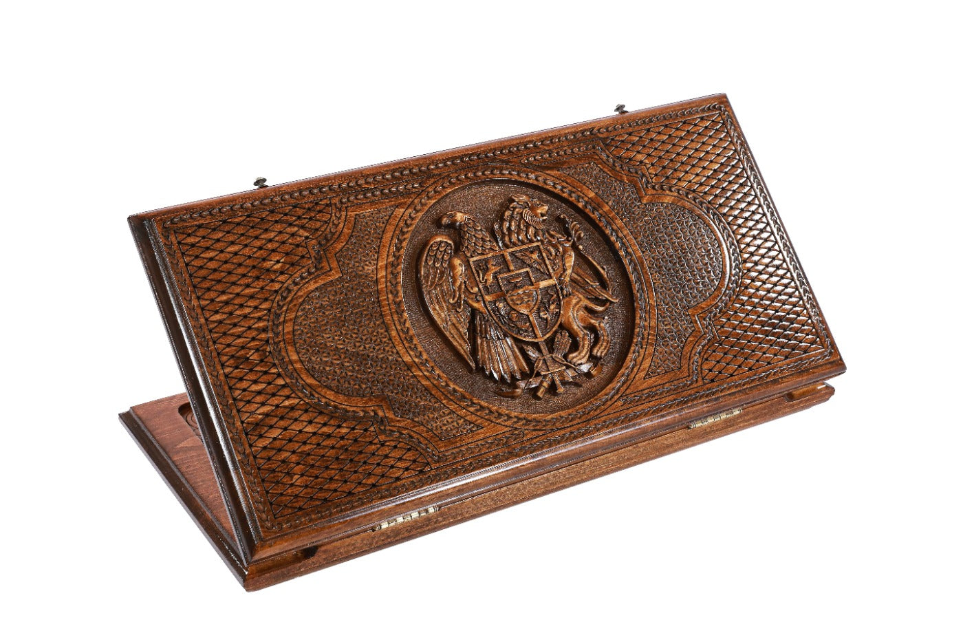 A frontal shot of the closed Armenian Coat of Arms classic backgammon board showing the detailed eagle and lion relief carving.