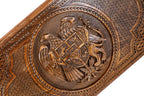 The interior view of the open Hrachya Ohanyan Armenian emblem set highlighting the smooth wood finish and professional pips.