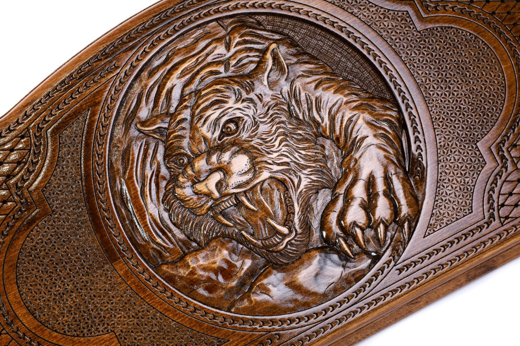 The interior view of the open Hrachya Ohanyan Tiger set highlighting the smooth wood finish and professional playing lanes.
